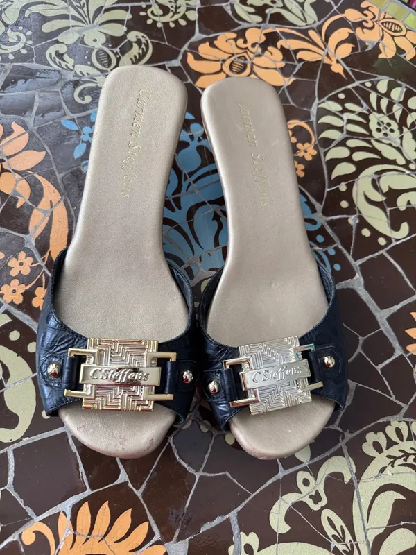 C. Steffens Black Kitten Heel Sandal with Gold Accent - Image 2