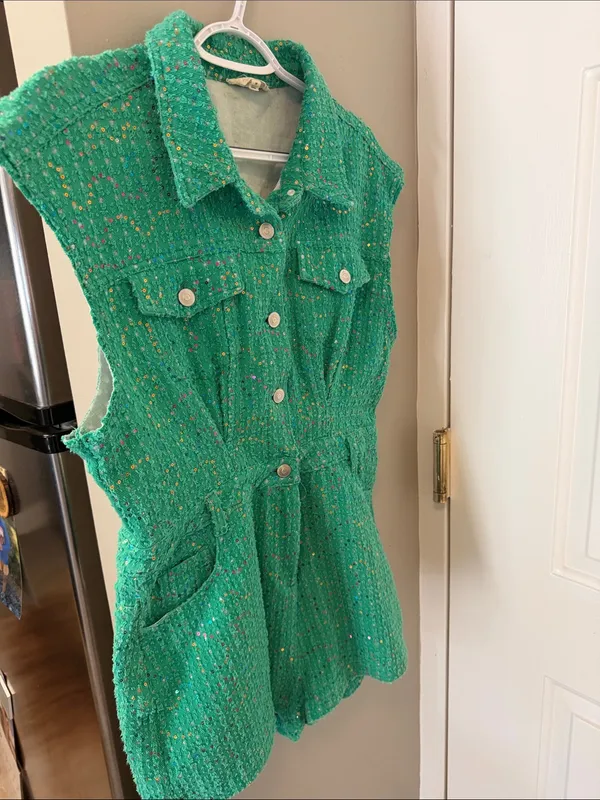 Peach Love California Green Tweed Sequin Utility Romper Size Medium Tournament - Image 3