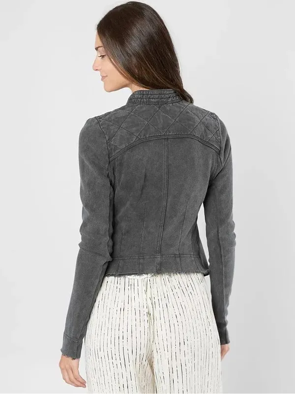Free People Distressed Charcoal Gray Wash Cotton Shrunken Moto Jacket Size S - Image 2