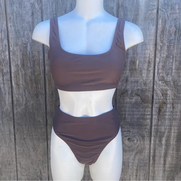 Mocha Brown Scoop Neck High Waisted 2 Piece Swim Bikini Set Size S - Image 3