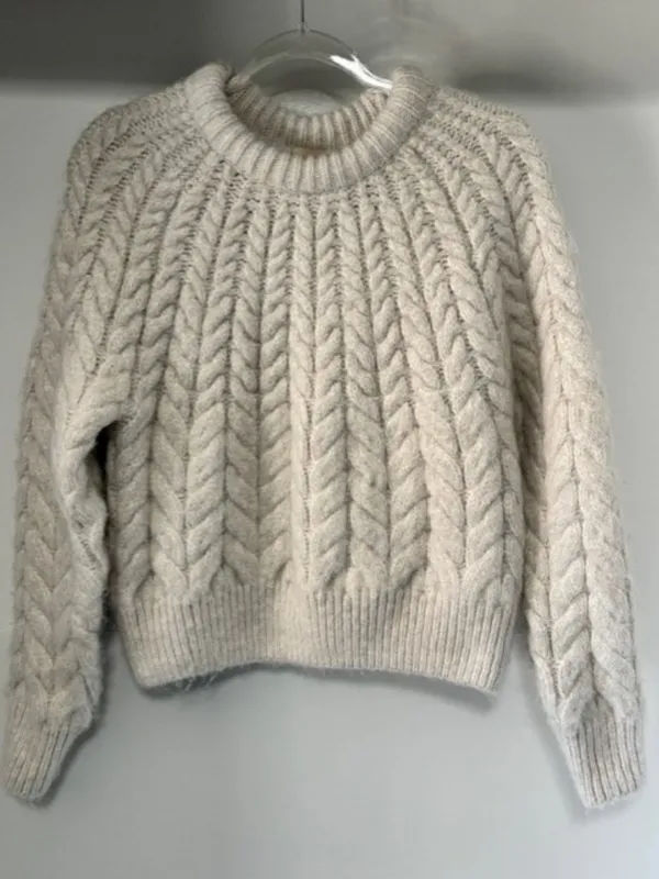 H&M M Alpaca Blend Cable Knit Sweater Oatmeal Oversized Chunky Crew Neck Ribbed - Image 2