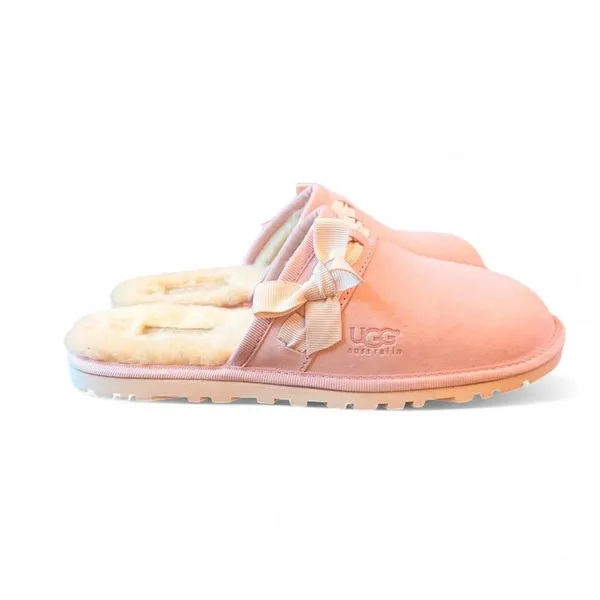 UGG Scuffette Pink Suede Shearling Bow Slippers Women’s Size 7 Cozy Mule - Image 6