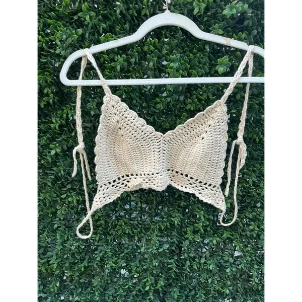 Handmade Crochet Bralette Top Cream Boho Festival One Size XS S Ivory Tie Back‎ - Image 2