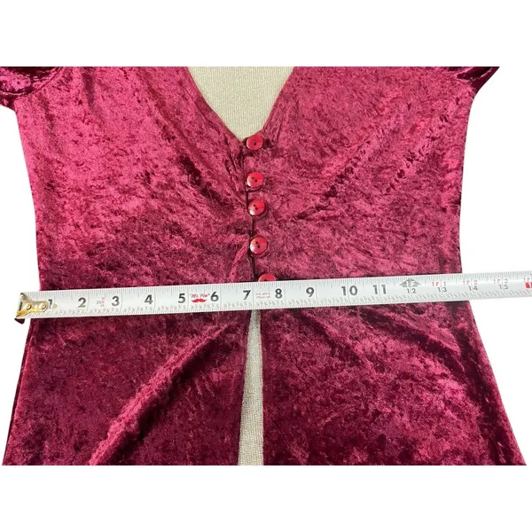 Crushed Velvet Maxi Dress Burgundy Deep VNeck Button Front Gold Sparkle Lining S - Image 10