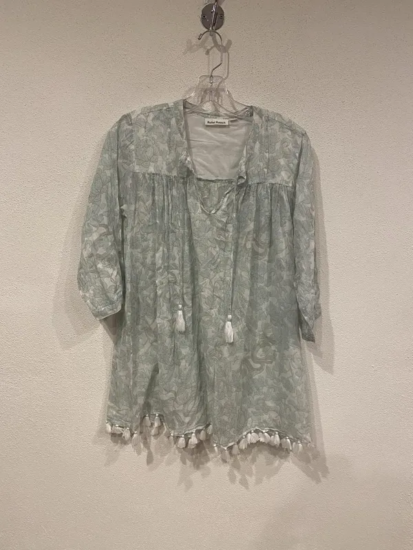 Roller Rabbit Tunic Blouse Womens M Green Floral Tassel 3/4 Sleeve Boho Top - Image 2