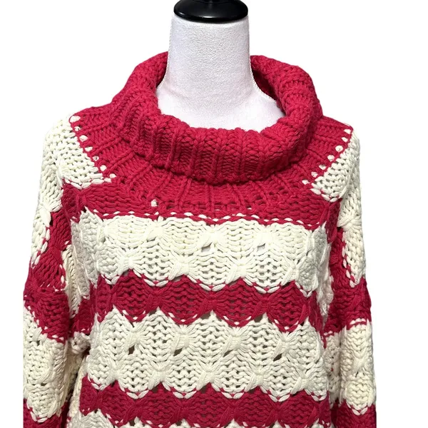 Gary Collective Preppy Chic Striped Turtleneck Pink Cream Cozy Knit Sweater L - Image 3