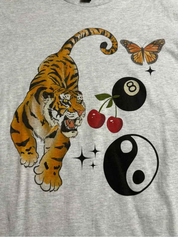 Gildan Light Gray Tee with Tiger, Butterfly, Cherries & Yin Yang Graphics - Image 5