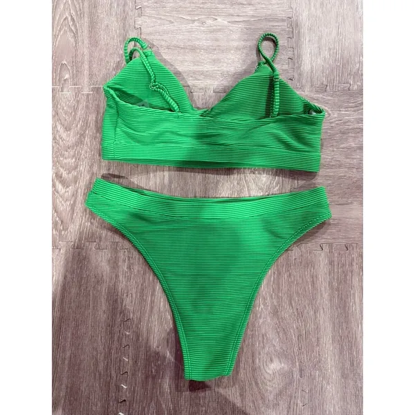 Womens Green Ribbed‎ 2-Piece Bikini Set Size XL Triangle Top High-Leg - Image 4