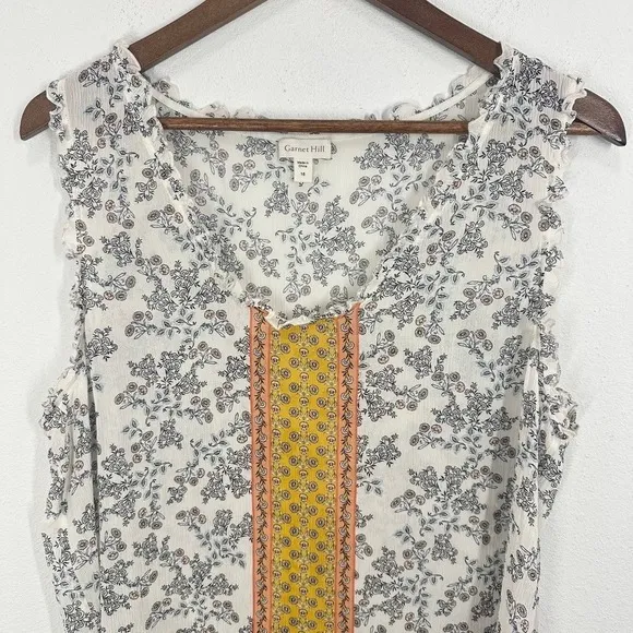 Garnet Hill Size 16 100% Silk Floral Tank Sleeveless Shirt White Yellow Feminine - Image 2