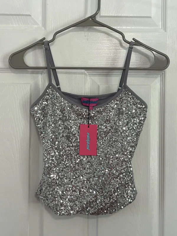 Edikted Y2K Silver Sequin Cami Tank Top Clubwear Disco Glam Party Size S NWT - Image 2