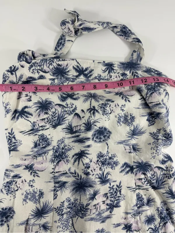 Coastal Linen Blend Halter Mini Dress Tropical‎ Toile Print Blue Ivory Womens M - Image 5
