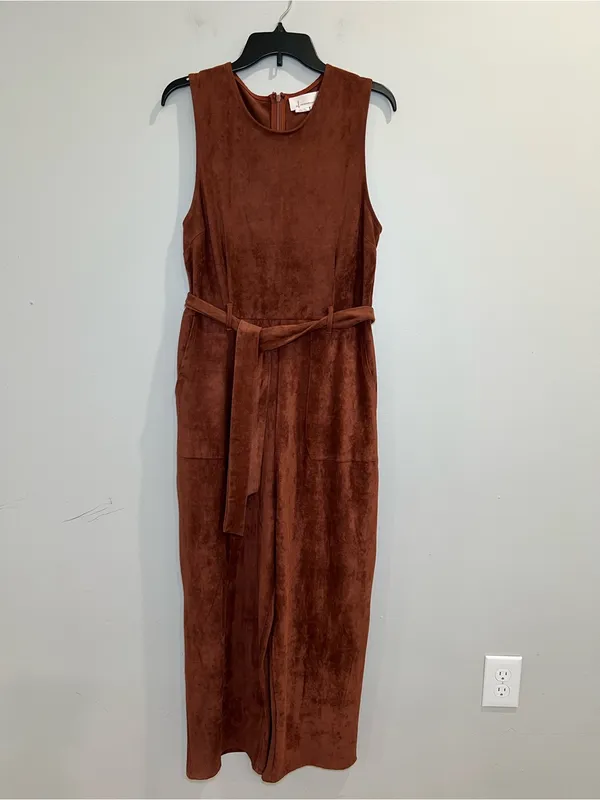 Anthropologie Sleeveless Faux Suede-Look Belted Jumpsuit in‎ Rust Brown large - Image 3