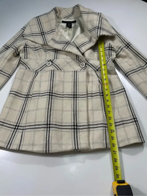 Calvin Klein Wool Blend Cream Plaid Double-Breasted Pea Coat Size Medium - Image 3
