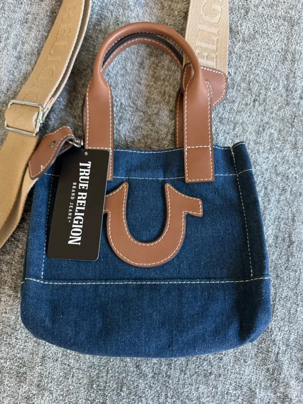 True Religion Navy Denim Mini Tote with Brown Leather Accents - Image 4