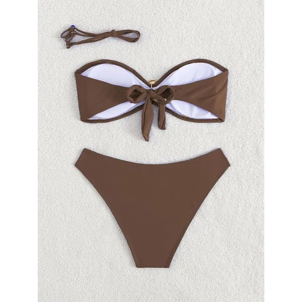 Tainehs Brown Strapless Bikini Tube Top Bandeau Mid Rise Swimsuit SMALL - Image 6