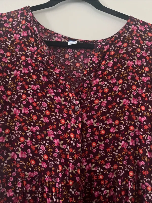 Old Navy Pink Floral Puff Sleeve Shirt Midi Dress XS Button Front Cottagecore - Image 3