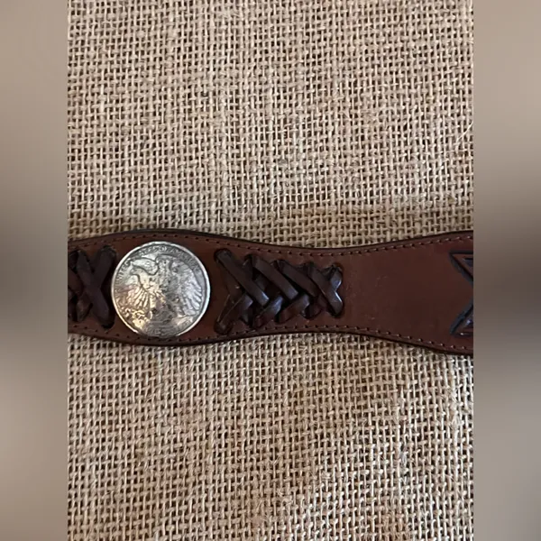 Justin Boots Brown Tooled Cowhide Leather Concho Coin Belt Silver Buckle western 32 in - Image 8