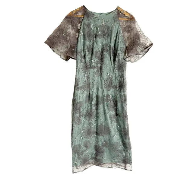 JS Collections Remy Sage Embroidered Flutter Sleeve Sheath Cocktail Midi Dress 6 - Image 5