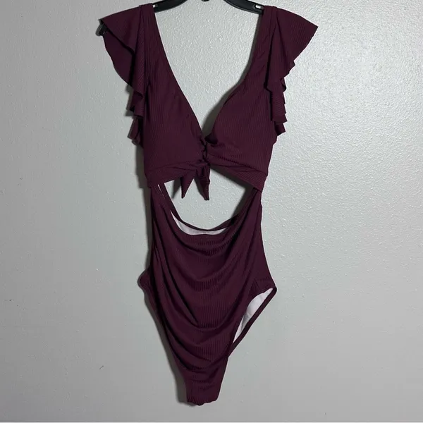 Charmo Women Maternity‎ Burgundy Ribbed Swimsuit One Piece size L - Image 3