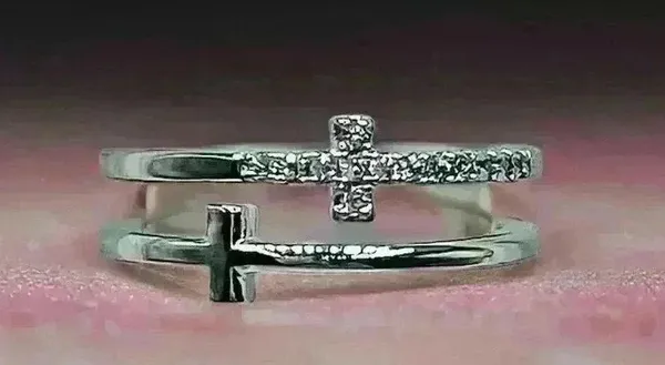 Silver Double Cross Rhinestones Ring Size 6 - Image 6