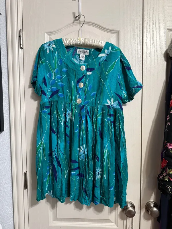 💙💖Vintage Tropical Pearl Button Teal Tie‎ Back Mini Dress Summer Resort Beach - Image 2
