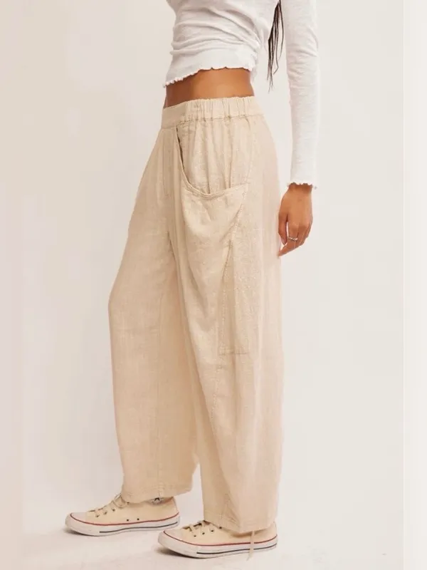 🆕 NWT Free People High Road Barrel Pants Linen Boho Wide-Leg Pockets Tan Large - Image 7