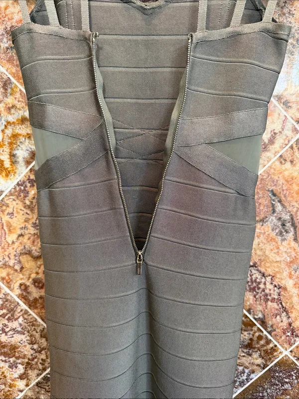 Bebe Dusty Olive Strappy Bandage Bodycon Mini Dress Mesh Cutout Sides Size XS - Image 4