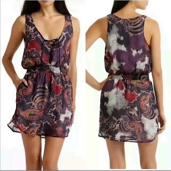 Free People Falling for Georgette Paisley Purple Sleeveless Mini Dress Size Med - Image 2
