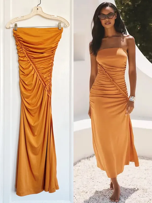 Anthropologie • The Gabbie Strapless Ruched Tube Dress jersey knit Mango orange - Image 2