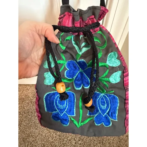 Embroidered Floral Cotton Pouch‎ Purse Boho Drawstring Artisan Folk Cottagecore - Image 5