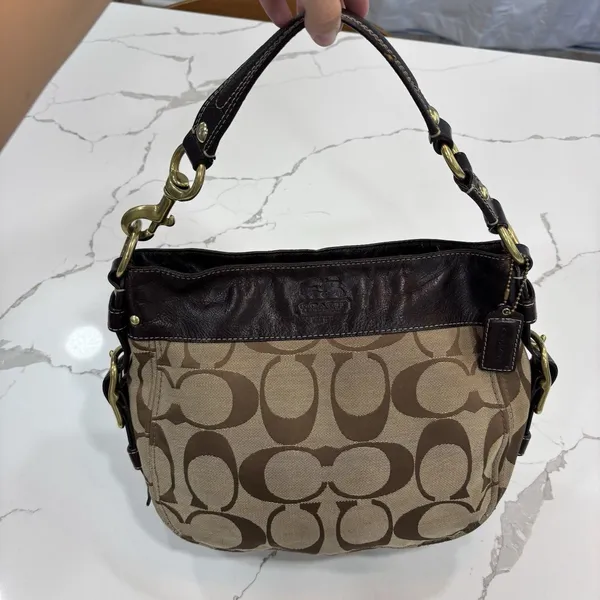Coach Purse Zoe Signature Khaki Brown Canvas Hobo Shoulder Bag Y2K Leather Trim - Image 2
