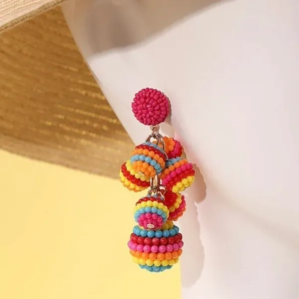 Colorful‎ Beaded Ball Drop Earrings Multicolor Rainbow Festival Boho Resortwear - Image 2