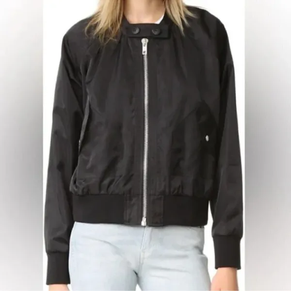 FREE PEOPLE Black Midnight Satin Full Zip Oversized Bomber Jacket L - Image 4
