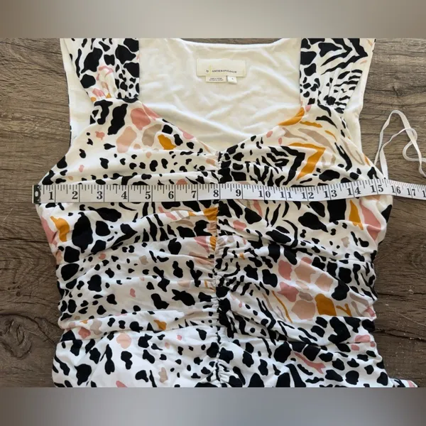 Anthropologie‎ Ramona Dress Jersey Ruched White Animal Print Size M - Image 3