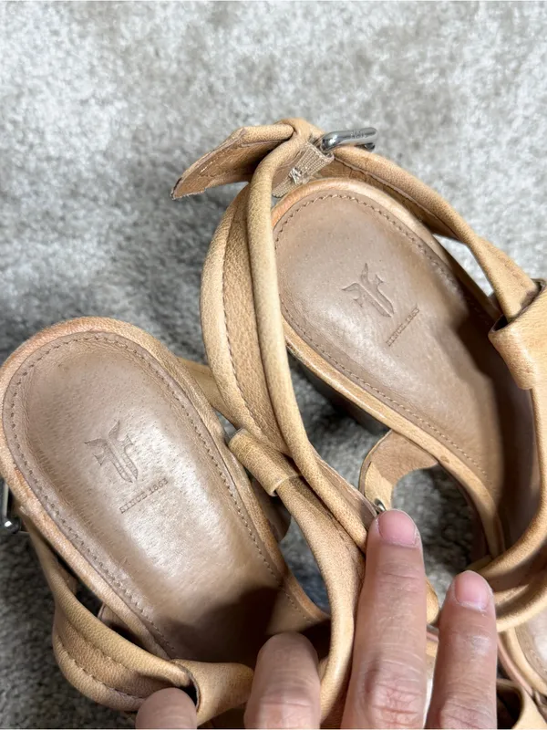 Frye Women’s Dani Criss Cross Sandals Block Heels Leather Strappy in Tan 8 - Image 8