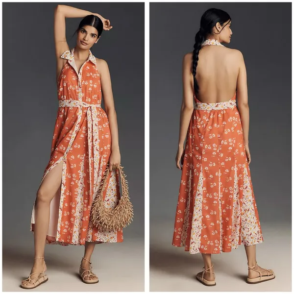 Anthropologie Maeve Halter Open-Back Godet Midi Shirt Dress Mixed Floral Boho - Image 2
