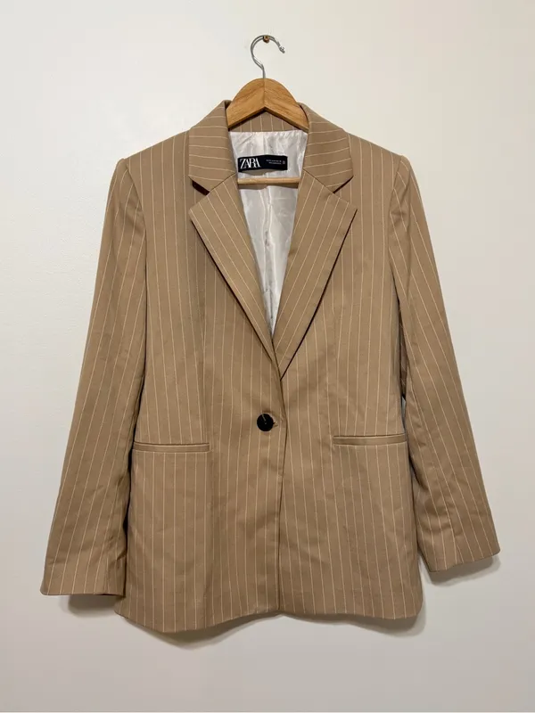 Zara Pinstripe Blazer Size Medium Women’s Tan Blogger Fav - Image 2
