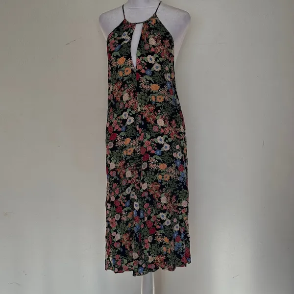 Zara Woman Floral Halter Midi Dress Black Multi Keyhole Backless XS - Image 2