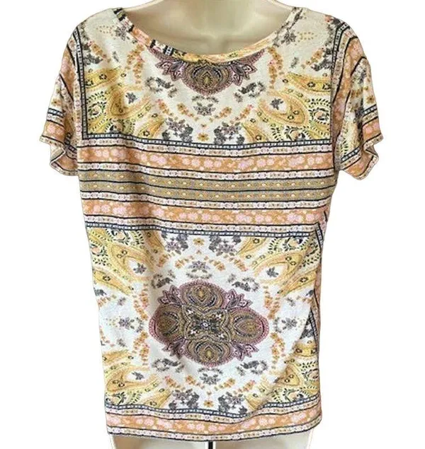 LUCKY BRAND Boho Brown & Cream Bohemian T-Shirt Top ~ Women's Size SMALL - Image 3