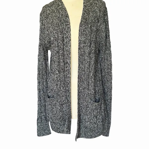 Be Fabulous Cable Knit Cardigan XS Gray Black Open Front Longline Pocket Sweater - Image 3