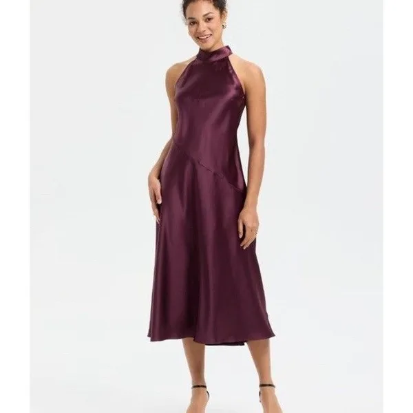 A New Day Red wine colored Satin Halter Backless Midi Slip Dress Size S - Image 3