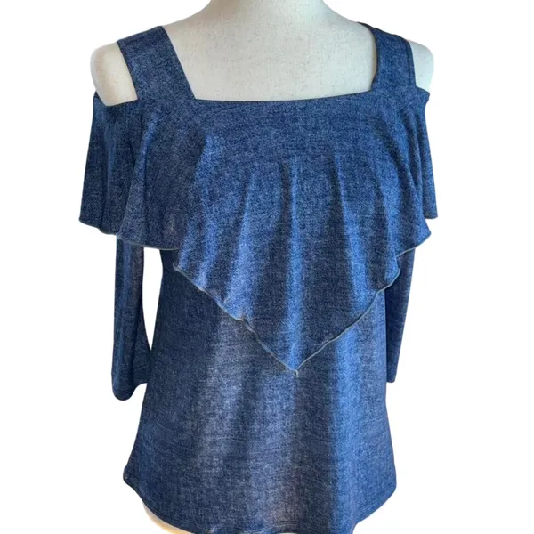 Blue off the shoulder top with ruffle detail. Size: S - Image 4