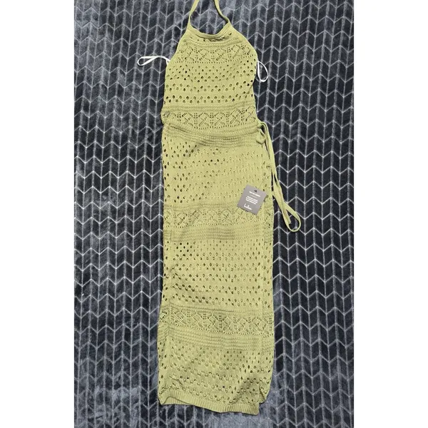 Lulus Green Crochet Knit Tie Halter Neck Wrap Midi Dress Sleeveless Small NWT - Image 5