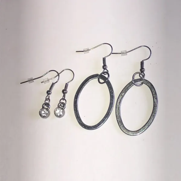 Dark Metal Oval Drop Earrings Set with Crystal Accent Drop Earrings - Image 2