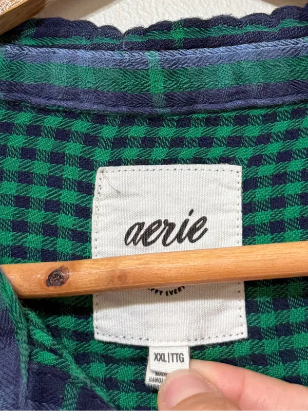 Aerie Plaid Button Up Flannel Shirt Size XXL Blue Green - Image 2