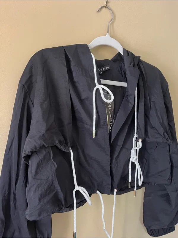 naked wardrobe Black Hooded Jacket with White Drawstrings - Image 3