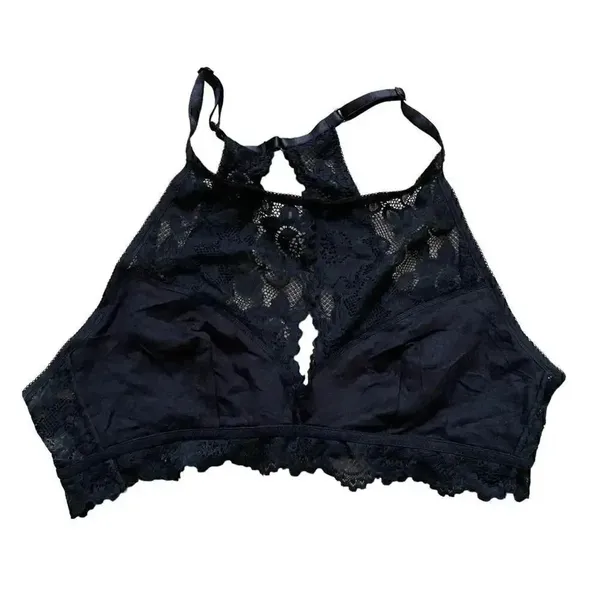 Jenny Jen Black Embroidered Floral Lace RACERBACK PADDED BRALETTE Spandex SZ L - Image 3