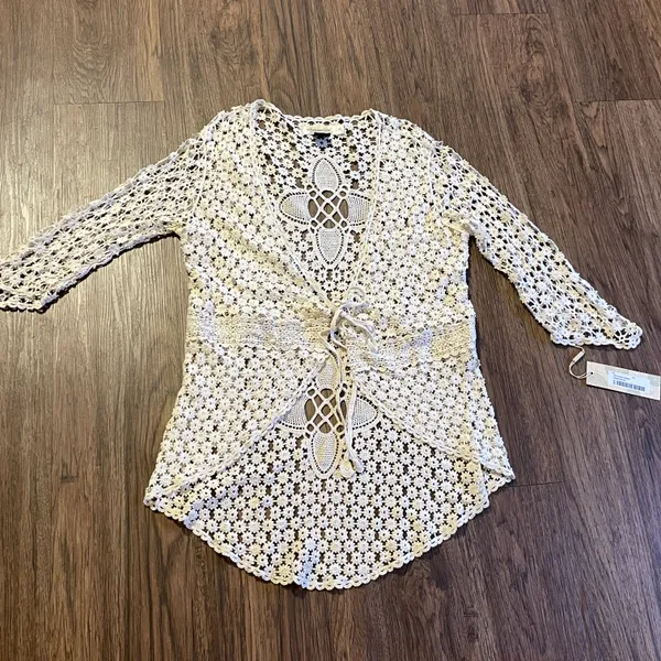 Urban Mangoz NWT Crochet Lace Tie Front Cardigan Coverup Cream X-Large - Image 8