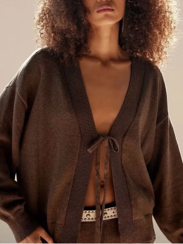 Women’s Free People FP Beach Solar Cardigan Tie Sweater Chocolate Brown Size S - Image 2