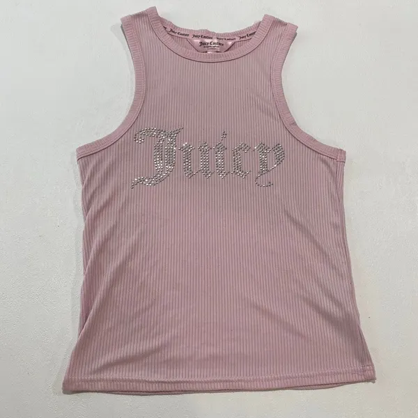 Juicy Couture Pink Rhinestone Logo Ribbed Tank Top Small Y2K Bling - Image 3